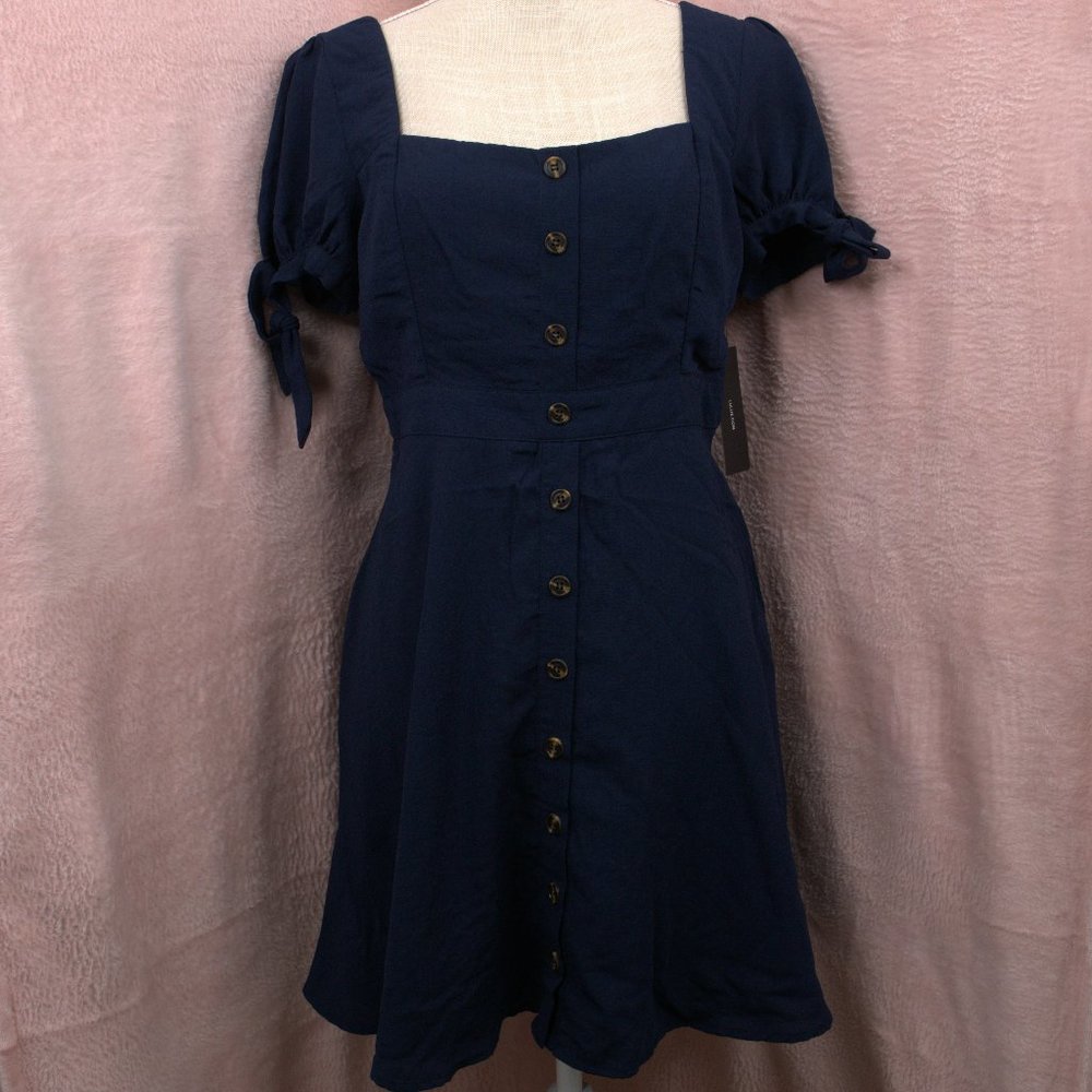 Lulu's Navy Tie Sleeve Faux Button Mini Dress